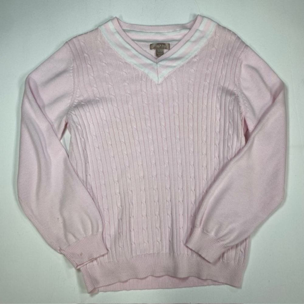 White Stag Pink Carnation Cable Knit V-Neck Sweater Varsity Striped XL 16-18‎
